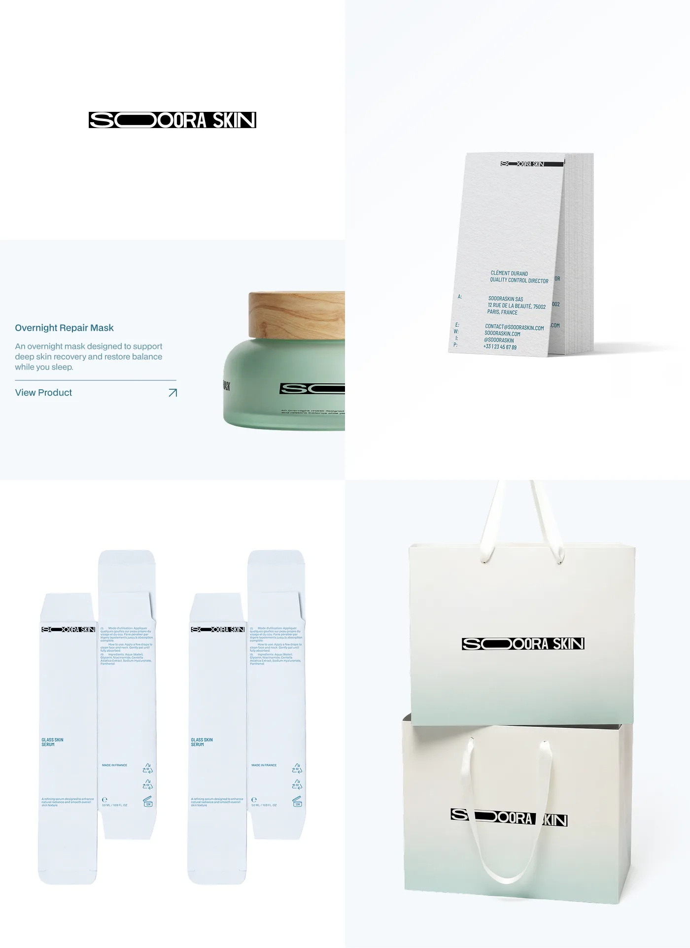 Soora Skin product collateral — overnight repair mask, packaging system and shopping bag