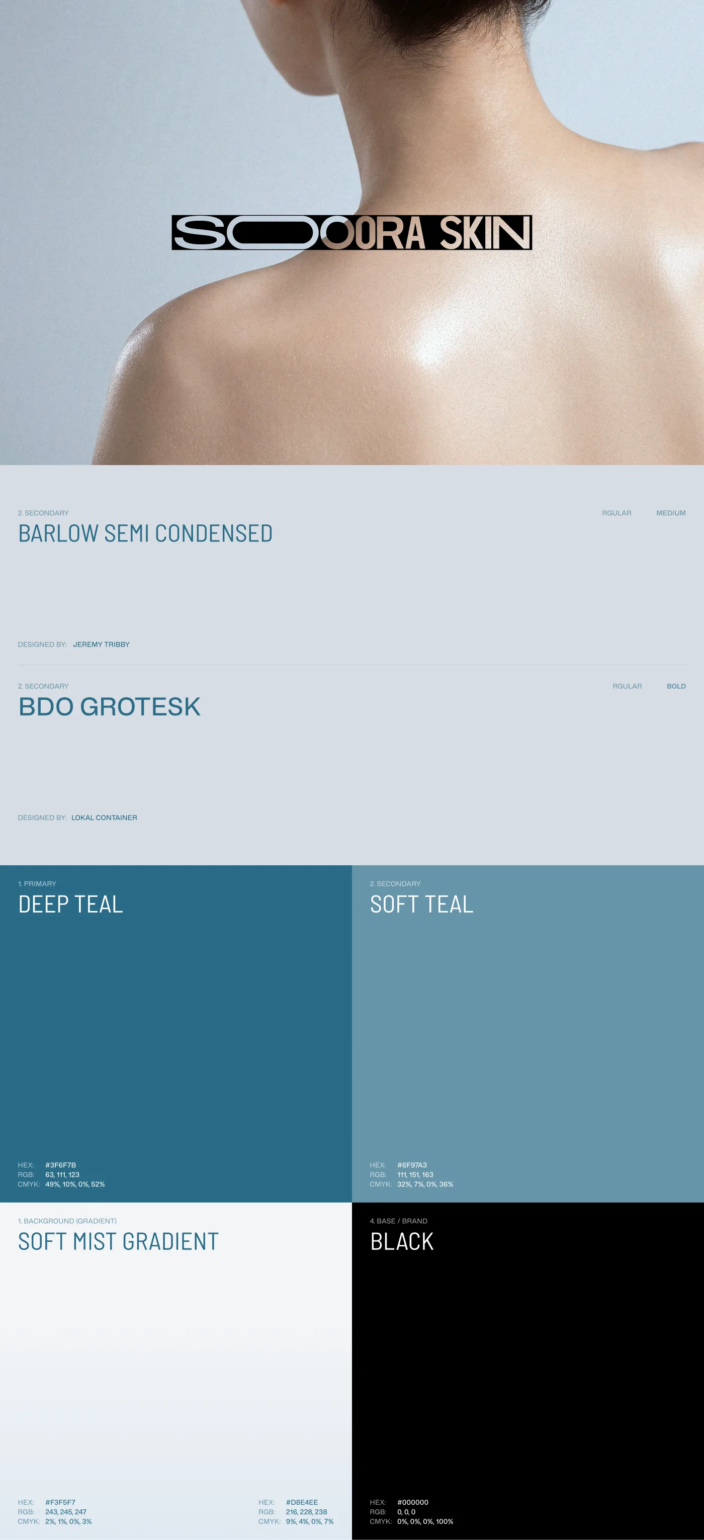 Soora Skin identity board — logo, typography stack and color palette