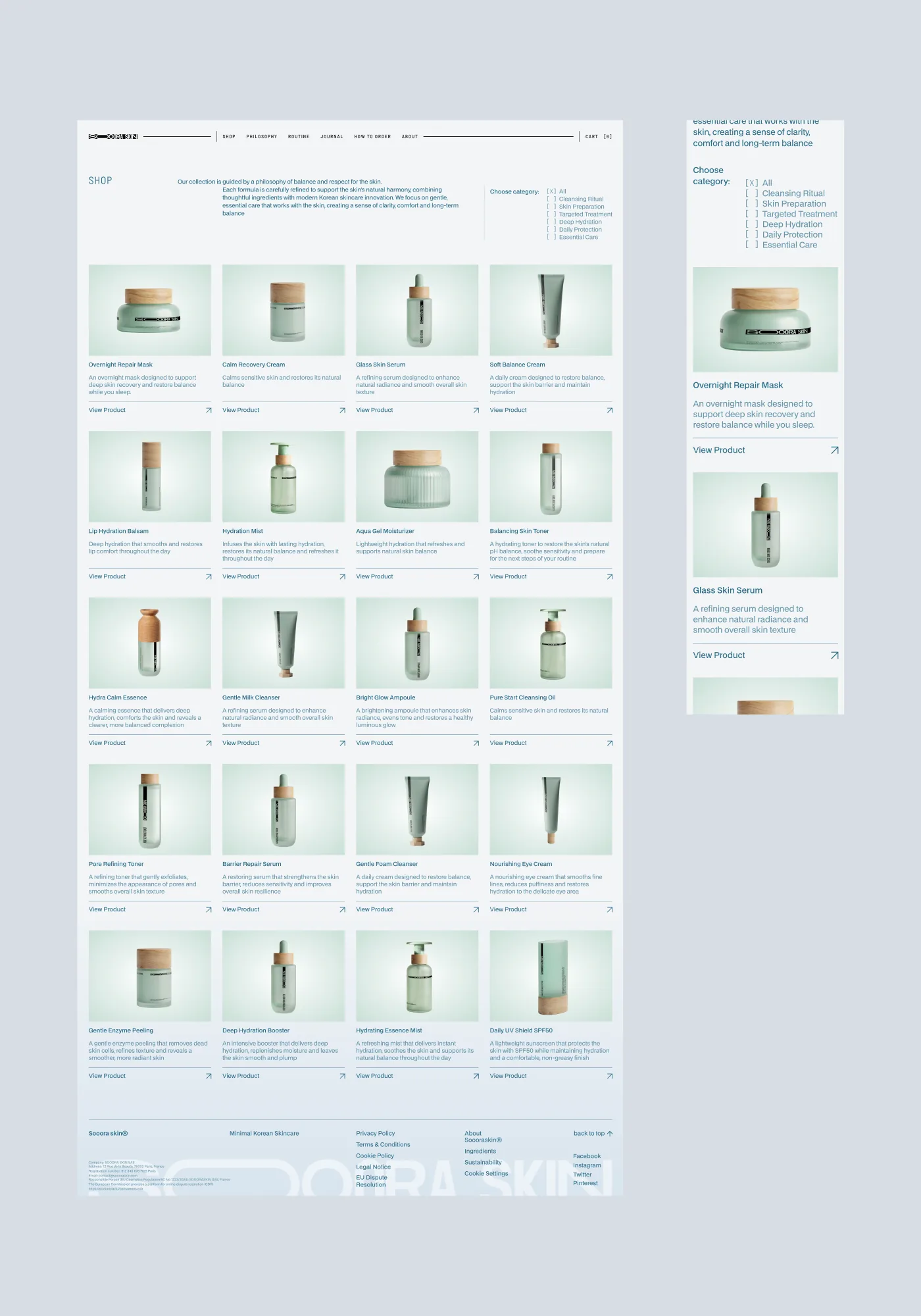 Soora Skin shop page — product catalog grid with filters